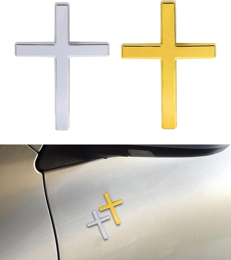 SCUARI 2PCS 3D Cross Stickers,Car Accessories Decals for Vehicles,Self Adhesive Cross Metal Car Emblem,2.5"×1.8" Cross Jesus Automotive Decal,Suitable for Trunk Tailgate Side Decoration (Silver&Gold) - Image 1
